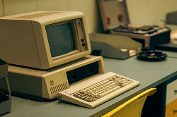 An old desktop computer with a CRT monitor, two floppy disk drives, and a keyboard sits on a desk in an office setting.