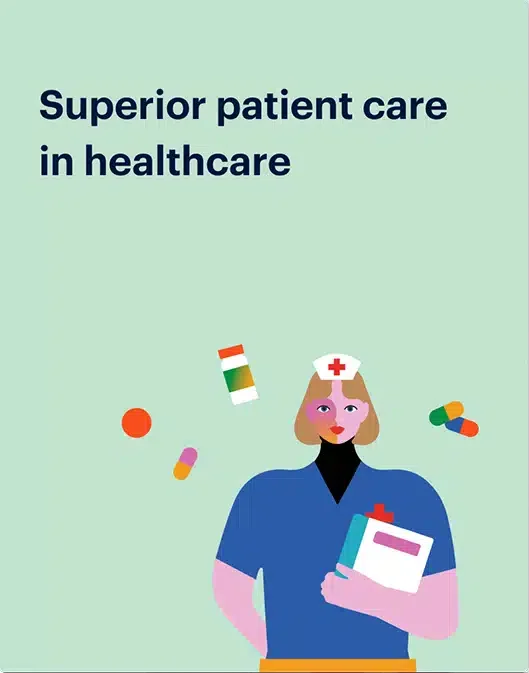 Illustration of a nurse in blue scrubs holding a medical folder and surrounded by various pills, with the text "Superior patient care in healthcare" and highlighting earned wage access for frontline workers.