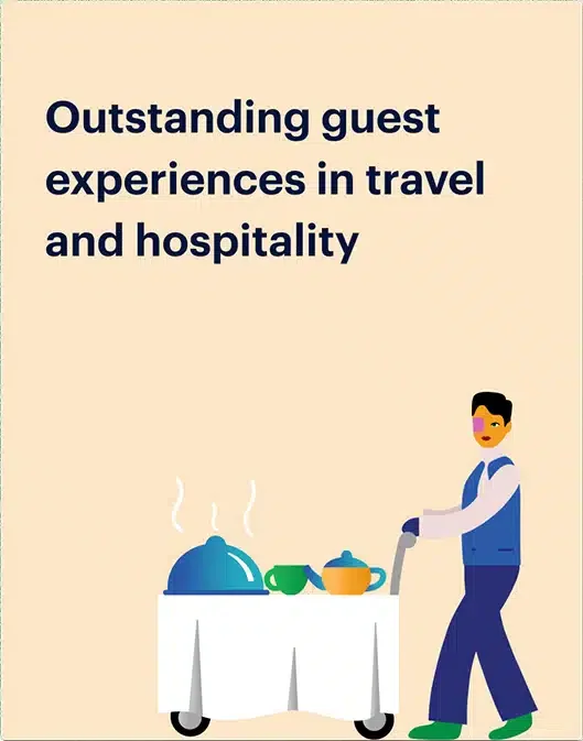 A person pushes a cart with food and beverages, accompanied by the text, "Outstanding guest experiences in travel and hospitality, supported by earned wage access.