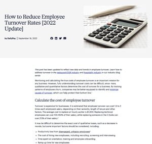 A webpage titled "How to Reduce Employee Turnover Rates [2022 Update]" by StaffPay, dated September 14, 2022. The page features a header image of a calculator and a pen on a lined paper background. The article begins with an introduction and has a section titled "Calculate the cost of employee turnover.