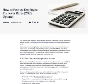 Article titled "How to Reduce Employee Turnover Rates [2022 Update]" with an image of a calculator and glasses. The page includes the publication date and author's name along with text about employee turnover.