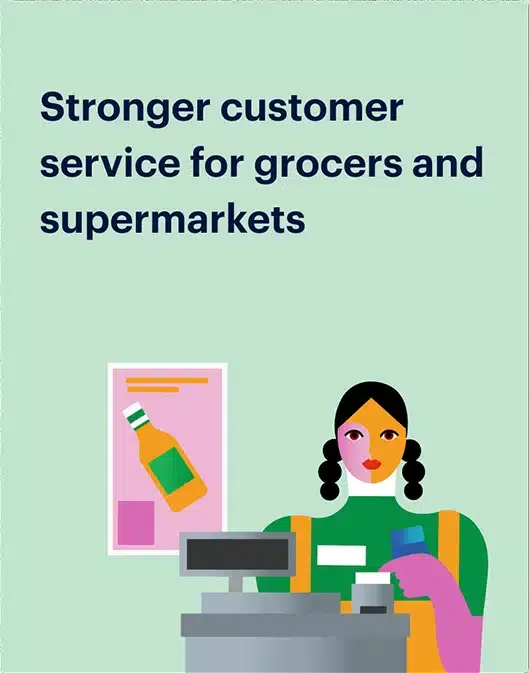 Illustration of a person at a checkout counter with text: "Stronger customer service for grocers and supermarkets through earned wage access.