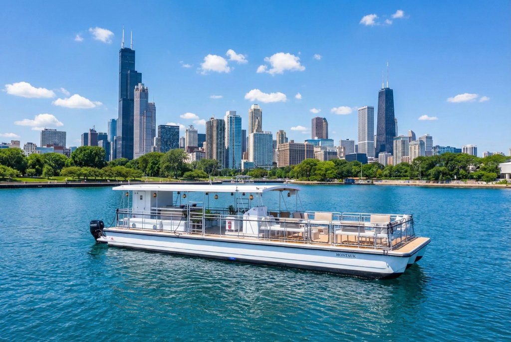 A white boat floats on a blue lake with the Chicago skyline, including the Willis Tower, visible in the background under a clear sky.