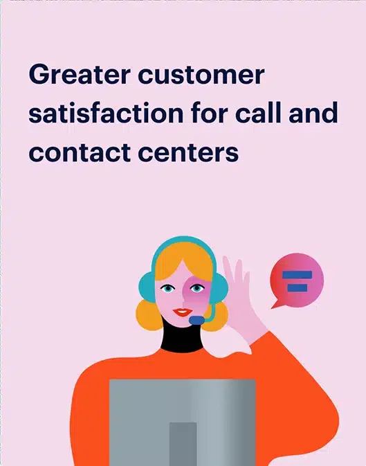 Illustration of a call center agent wearing a headset, with the text "Greater customer satisfaction for call and contact centers with earned wage access" on a light pink background.