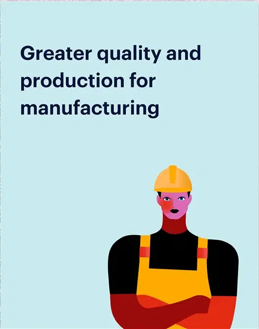 Illustration of a person in a yellow hard hat and overalls with arms crossed. Text above reads “Greater quality and production for manufacturing.” Background is light blue, subtly highlighting the benefits of earned wage access in boosting employee satisfaction.