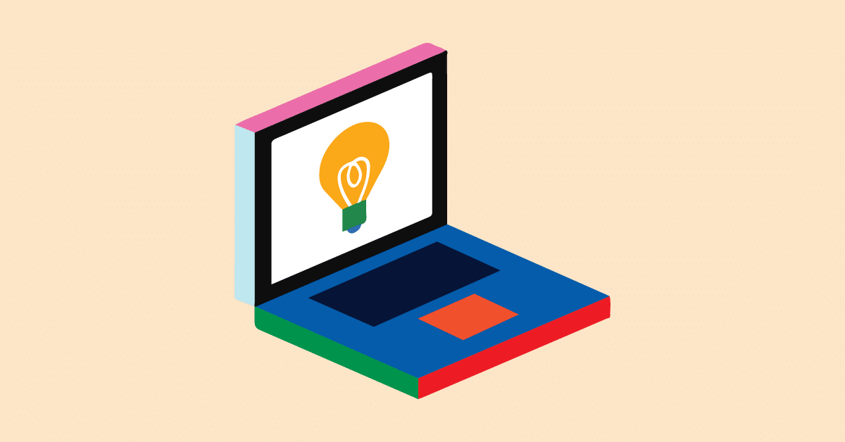 An illustration of an open laptop with a colorful, block-style design on a beige background. On the laptop screen, there is a light bulb icon, symbolizing an idea or innovation. The laptop body is composed of vibrant colors, including blue, green, red, and pink accents.
