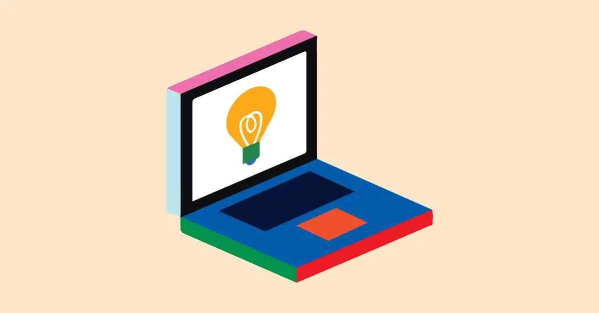 Illustration of a stylized laptop with a lightbulb icon on the screen, symbolizing an idea or innovation. The laptop is depicted in colorful geometric shapes.