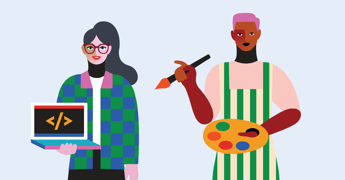 Illustration featuring two individuals. The person on the left has long dark hair, glasses, and wears a green and blue checkered jacket, holding a laptop displaying a coding symbol. The person on the right has pink hair, wears an artist’s apron, and holds a paintbrush and a color palette.