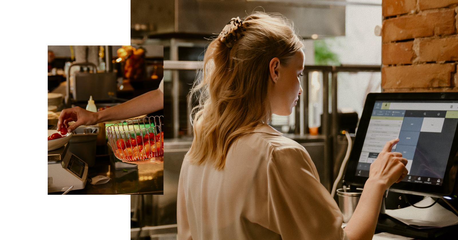 A woman uses a touchscreen point-of-sale system in a restaurant kitchen, highlighting efficiency and helping reduce employee burnout; inset shows a hand weighing fruit on a scale.