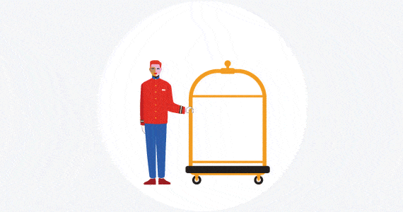 An animated bellhop in a red uniform stands next to a gold luggage cart in motion.