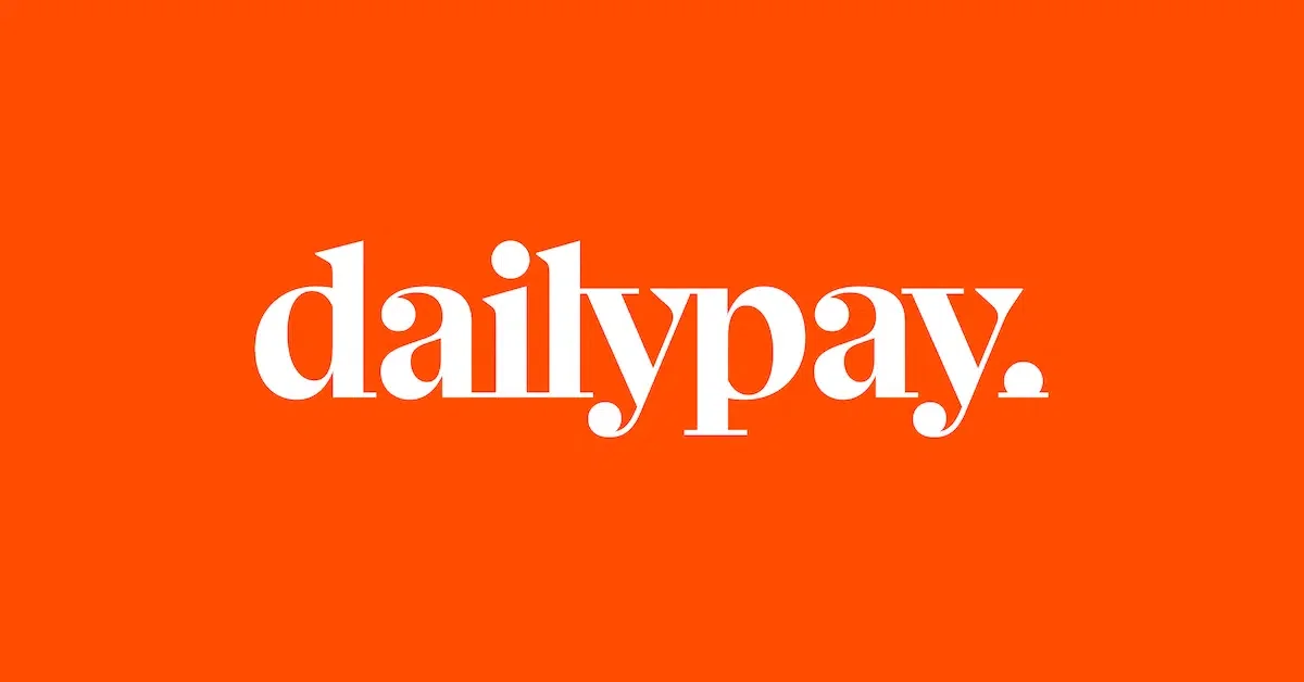 The image features the word "dailypay." in a bold, white serif font centered against a bright orange background. The text is in lowercase letters with a period at the end, creating a simple and striking visual design.
