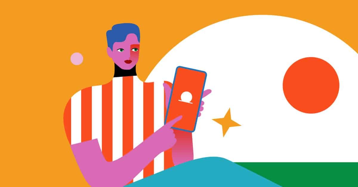 A vibrant illustration featuring a person with blue hair and purple skin wearing a red and white striped shirt. They are holding and pointing at a smartphone. The background is a yellow and white design with abstract stars and shapes, including an orange circle.