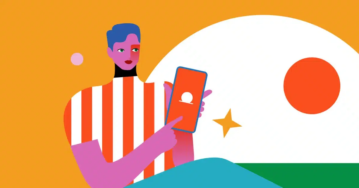 Illustration of a person with pink skin and blue hair holding a smartphone. The background is orange with a white and red circle, a white star and green shapes. The person wears a red and white striped shirt.
