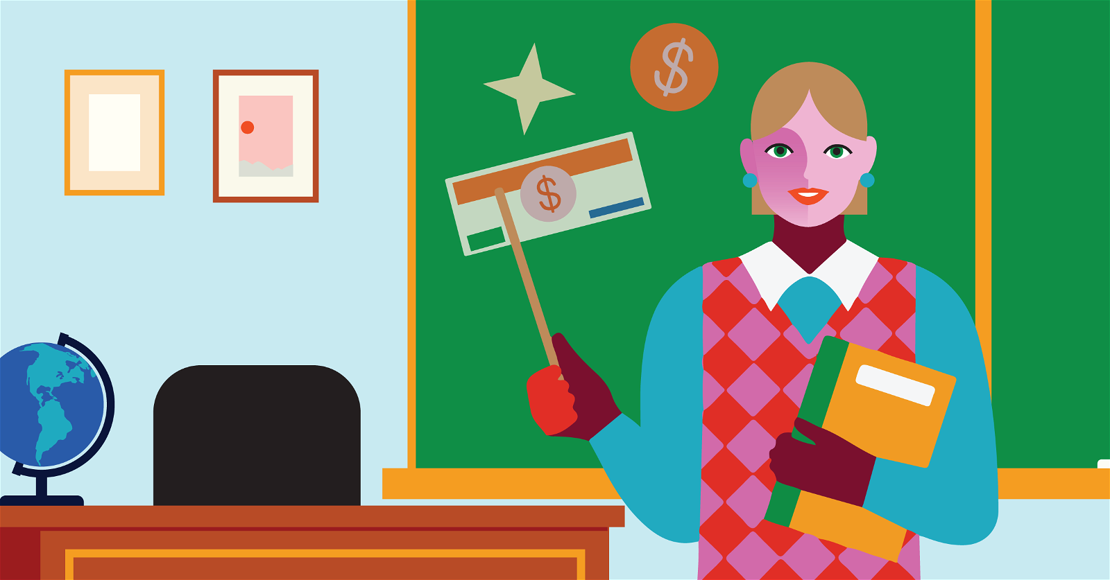 Illustration of a teacher holding a pointer and a book in a classroom. The background features a green chalkboard with a star, dollar bill, and coin symbols, a globe on a desk, a chair, and framed pictures on the wall. The teacher is wearing a red diamond-patterned vest and has light-colored hair.