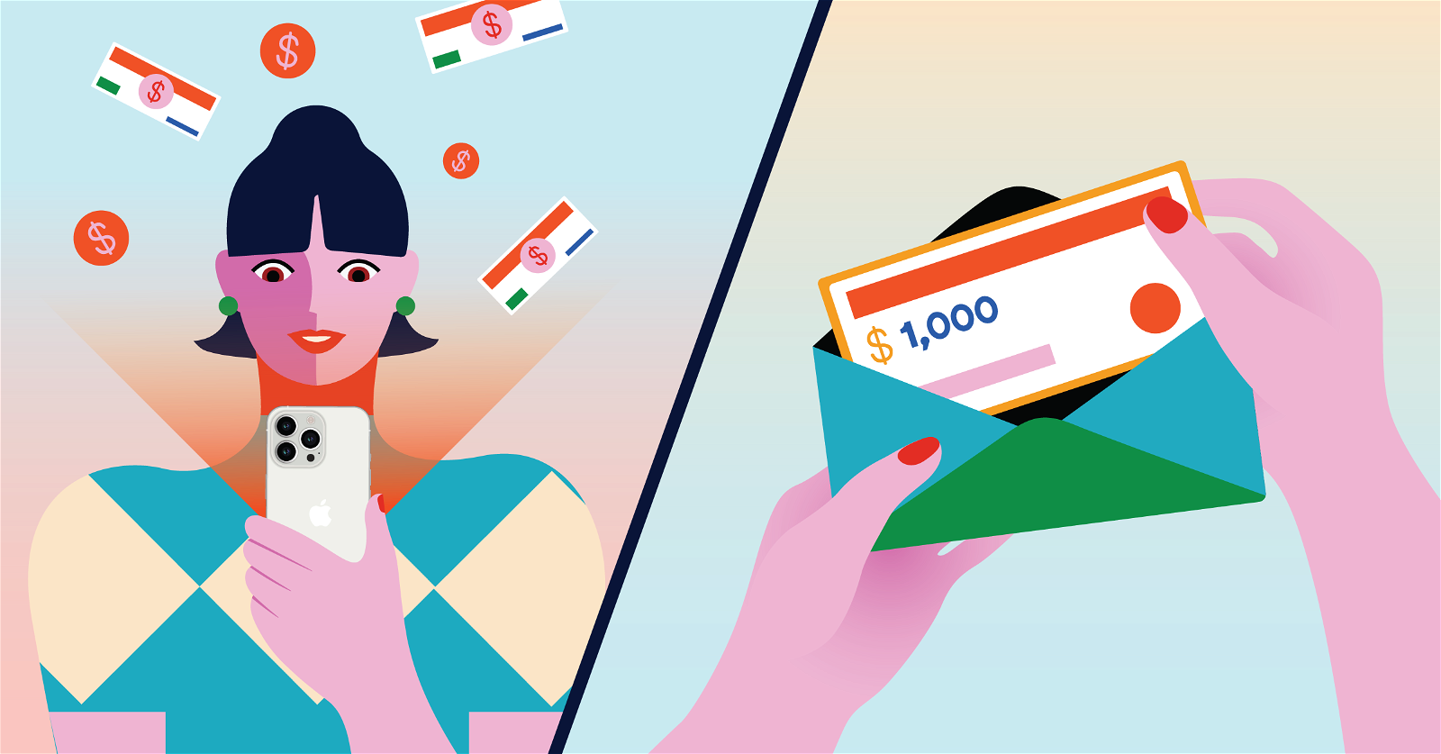 Illustration featuring a woman holding a smartphone on the left, with currency symbols and Indian flags around her. On the right, hands hold an envelope containing a check for $1,000. The background is split diagonally, light blue on the left and beige on the right.