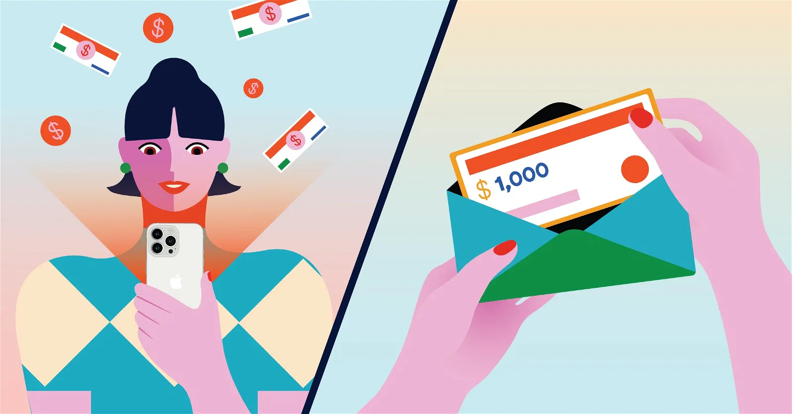 Illustration of a person holding a smartphone with international currencies floating around, and a close-up of hands holding an envelope containing a check for $1,000.