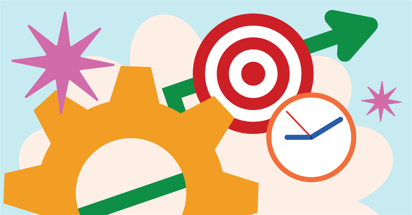 Illustration with a cogwheel, target, arrow, and clock representing mechanisms, goals, progress, and time management.