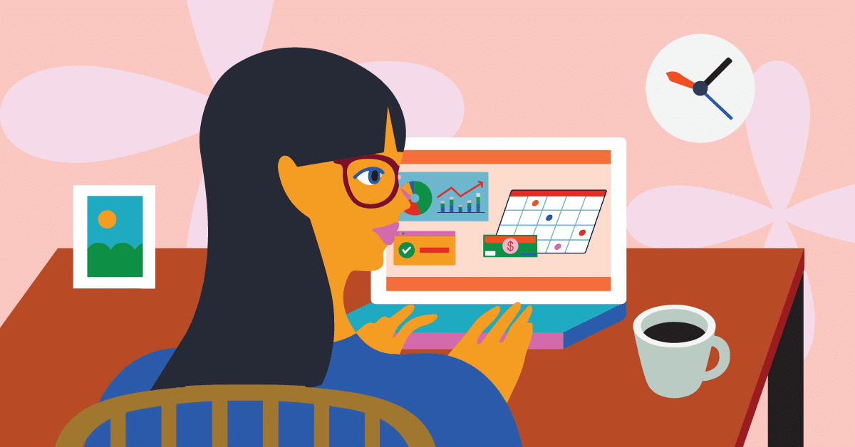 An illustration of a person with long dark hair and red glasses sitting at a desk, working on a laptop. The screen shows charts, check marks, a calendar, and currency symbols. A cup of coffee, a framed picture, and a wall clock are also on the desk against a pink background.