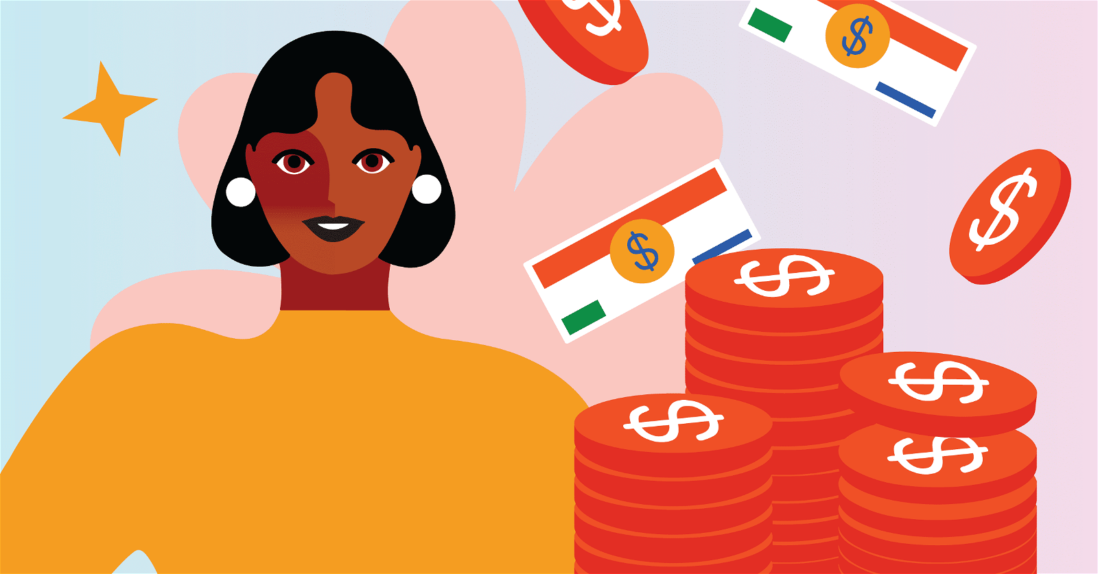 Illustration of a smiling woman with short black hair, wearing a yellow top and white earrings. Behind her, floating currency bills and coins with dollar signs in red and orange hues depict financial wellness. A gold star is near her head, against a light blue and pink background for contrast.