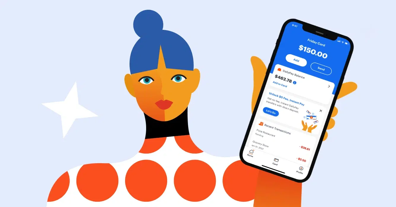 Illustration of a person holding up a smartphone displaying a financial app with a balance of $150.00 and other transaction details. The person has blue hair and is wearing a polka dot shirt.