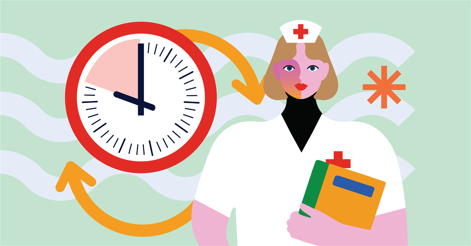Illustration of a nurse holding a book, standing next to a large clock with arrows indicating the passage of time.
