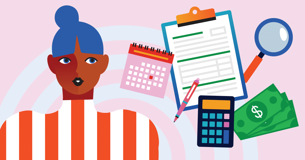 Illustration of a person with blue hair and a red striped shirt. Surrounding them are a calendar, clipboard with paper, magnifying glass, banknotes, calculator, and a pencil, suggesting themes of financial planning or organization. The background is a light pink with curved lines.