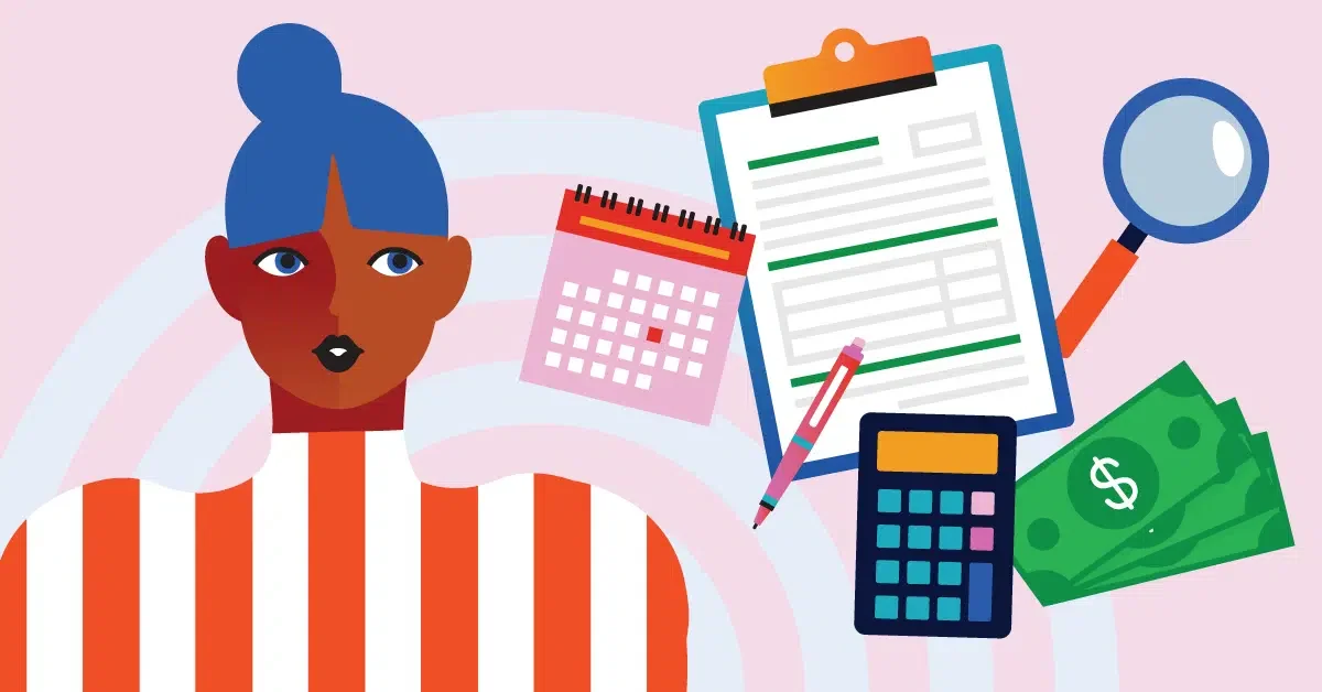 Illustration of a person with blue hair and a red and white shirt. Around them are various items: a calendar, clipboard with paper, magnifying glass, pen, calculator, and stack of money.