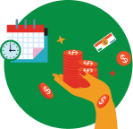 An illustrated hand holding stacks of coins with dollar signs, a clock, a calendar, and an identification card in the background.