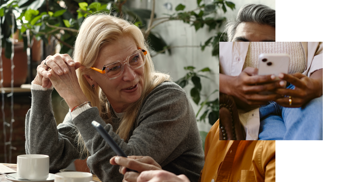 An older woman in glasses smiles while talking at a table with coffee. Overlay shows two people sitting close, looking at a smartphone together.