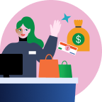 Illustration of a cashier at a counter with shopping bags, a payment card, and a money bag symbolizing a financial transaction.