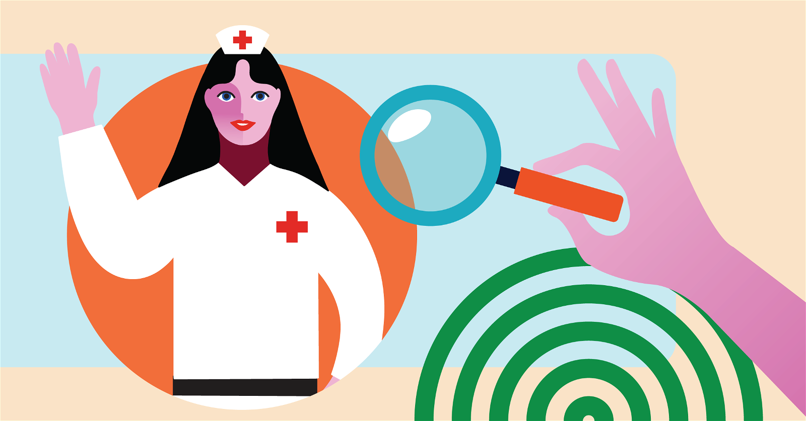 Illustration of a nurse with dark hair, wearing a white uniform and a red cross on the hat, raising a hand. A magnifying glass held by a hand on the right side focuses on the nurse. A green concentric circle pattern is in the foreground.