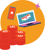 Stacks of coins, a smartphone, and a laptop displaying a check are shown on an orange background with a purple star accent.