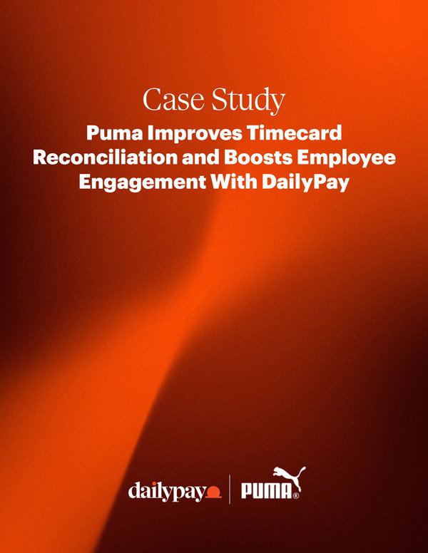 Orange background featuring the text: "Puma improves timecard reconciliation and boosts employee engagement with DailyPay," with DailyPay and Puma logos at the bottom.
