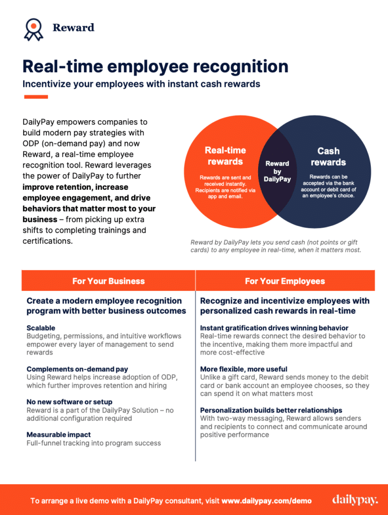 A promotional flyer titled "Real-time employee recognition." It highlights DailyPay's services, including real-time rewards to enhance retention and engagement using on-demand pay. Features benefits for both businesses and employees. Contact information and demo link at the bottom.