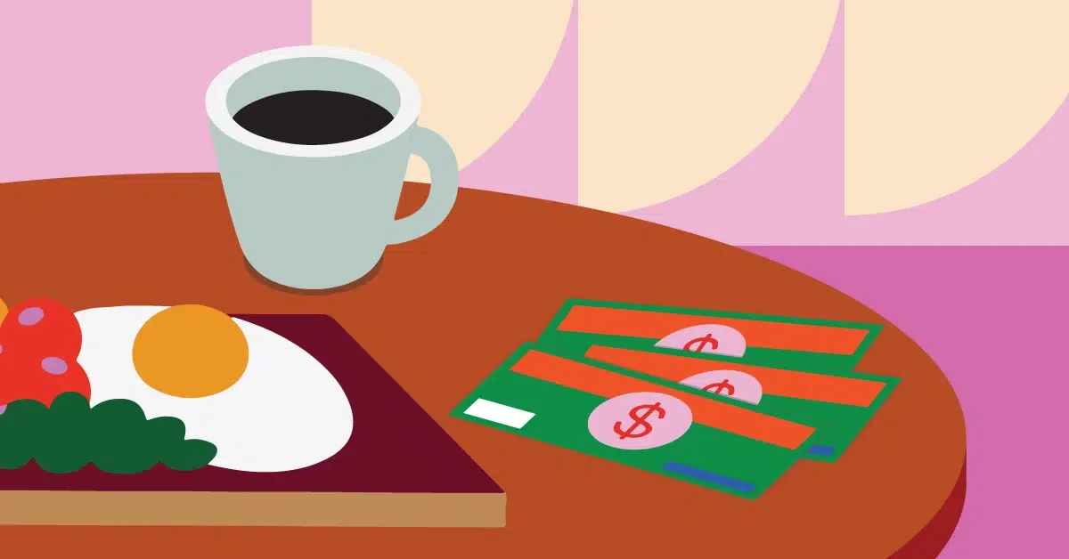 A cup of coffee, a plate with food including an egg, and three dollar bills for tip disbursement are placed on a round table with a pink background.