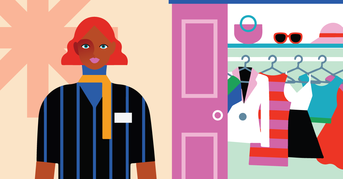 Illustration of a person with red hair and a striped shirt standing next to an open wardrobe filled with colorful clothes and accessories. The wardrobe is pink with blue shelves.