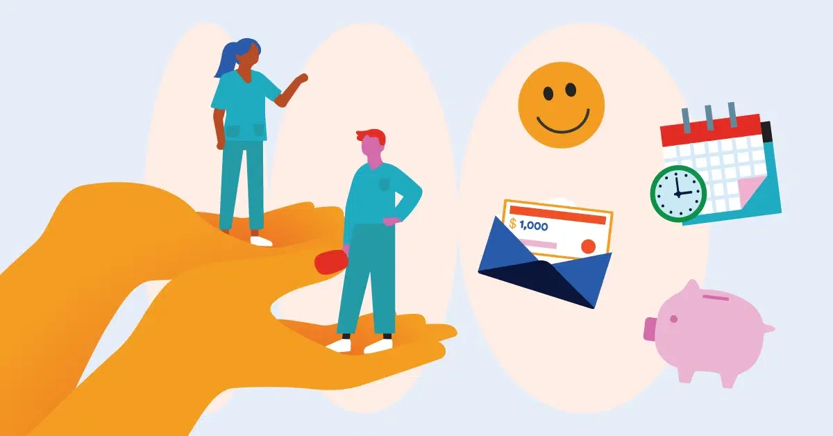 Illustration of two healthcare professionals standing on giant hands, with icons of a smiley face, calendar, clock, paycheck, and piggy bank in the background, symbolizing job satisfaction and financial stability.