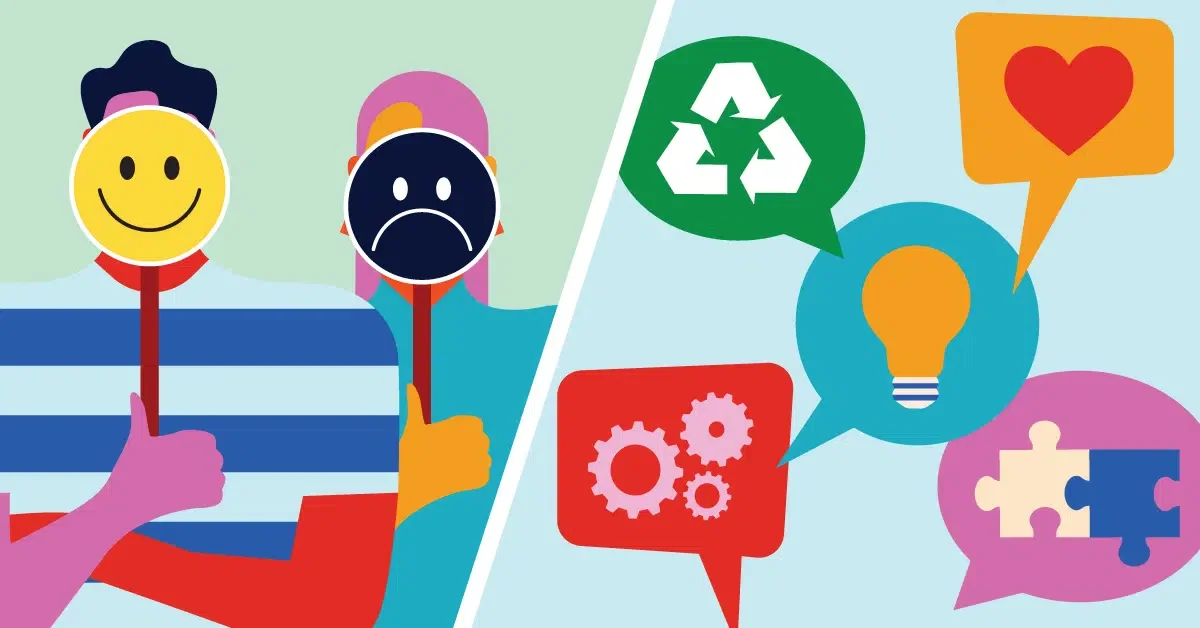 Two figures talking, one holding a happy face and the other a sad face sign. Speech bubbles show icons of recycling, a light bulb, gears, a heart, and puzzle pieces.