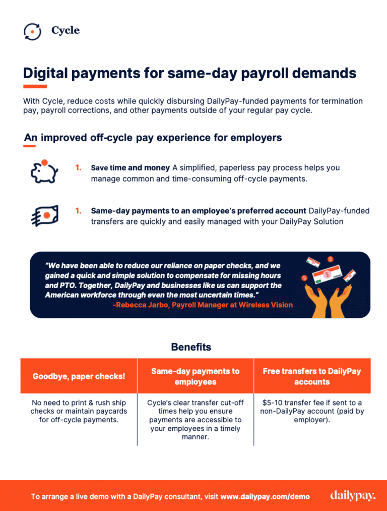 A flyer titled "Digital payments for same-day payroll demands" by Cycle. It discusses off-cycle pay advances for employers through DailyPay. Benefits include avoiding paper checks, immediate same-day payments, and no need for rush payments. The flyer highlights ease, reduced costs, and a testimonial.