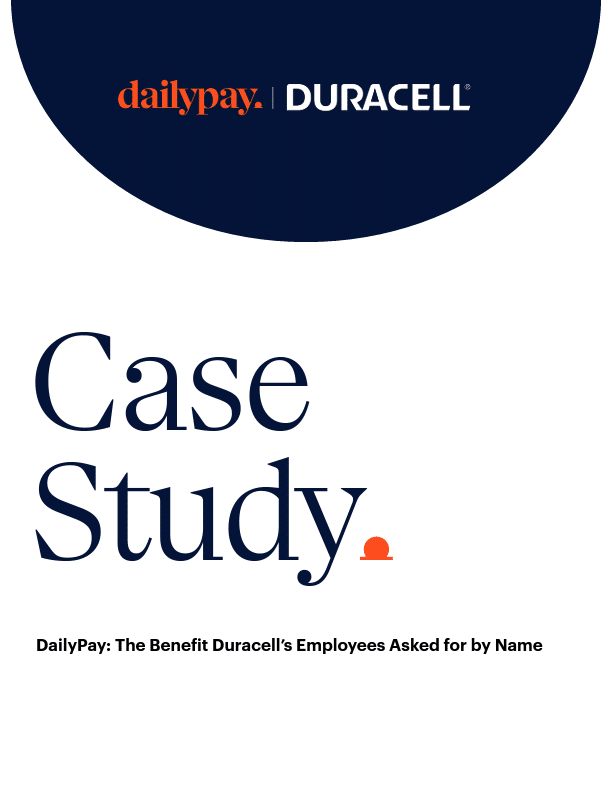 A cover page of a case study titled "Case Study: DailyPay | Duracell." The DailyPay and Duracell logos are at the top, with a dark blue background. The subtitle reads "DailyPay: The Benefit Duracell’s Employees Asked for by Name." The design is minimalistic, with ample white space and clean typography.