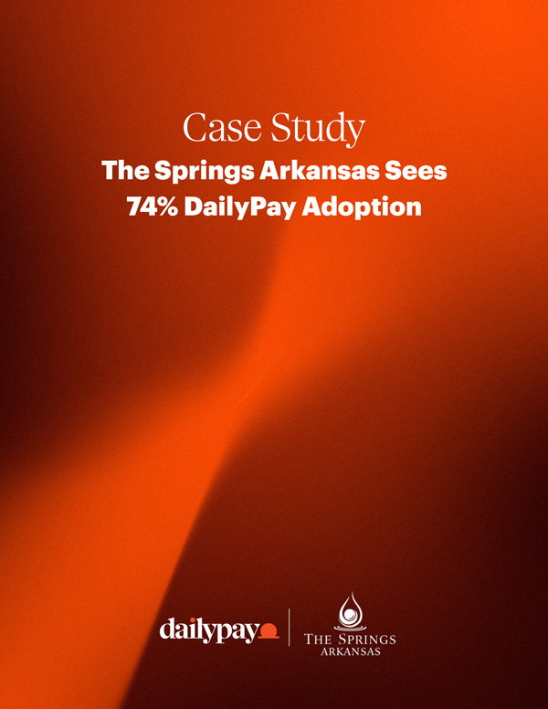 Orange background with white text: "Case Study: The Springs Arkansas Sees 74% DailyPay Adoption." DailyPay and The Springs Arkansas logos are at the bottom.