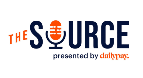 Logo of "The Source" presented by DailyPay. The word "SOURCE" is in bold, capital letters with a stylized orange microphone replacing the "O." The words "THE" are tilted vertically on the left, and below "SOURCE," the text reads "presented by dailypay." in orange lowercase letters.