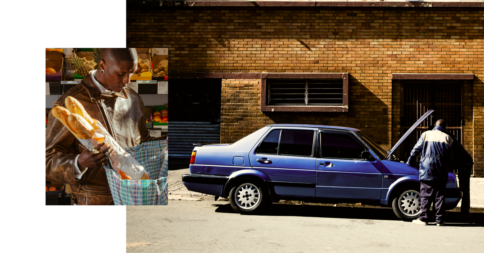 A man inspects a baguette in a grocery store while another man, possibly considering a paycheck advance, checks the engine of a blue sedan parked on a street in front of a brick building.