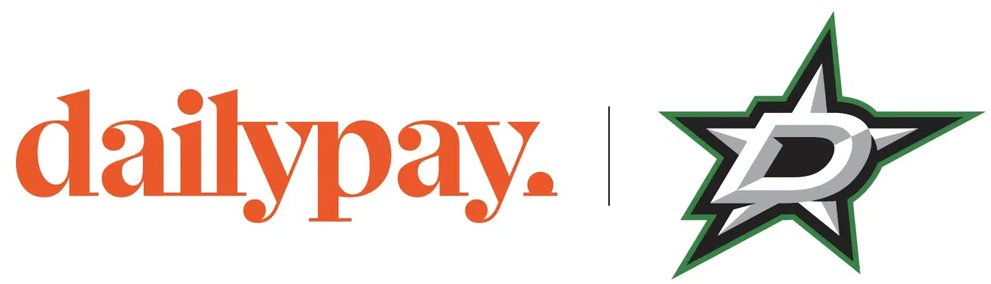 DailyPay logo in orange font is shown on the left, separated by a vertical line from a logo with a stylized letter "D" inside a star with a green and black outline on the right.