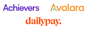 Logos of three companies: Achievers in purple, Avalara in orange with a check mark, and dailypay in bold orange text.