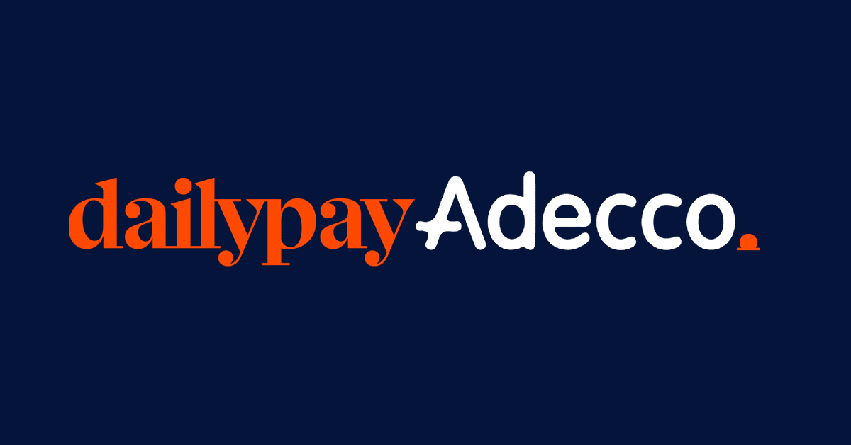 The image shows the logo for dailypay and Adecco. The word "dailypay" is in orange lowercase letters, while "Adecco" is in white with an uppercase "A" and lowercase letters for the rest, followed by an orange period. The background is a dark navy blue color.