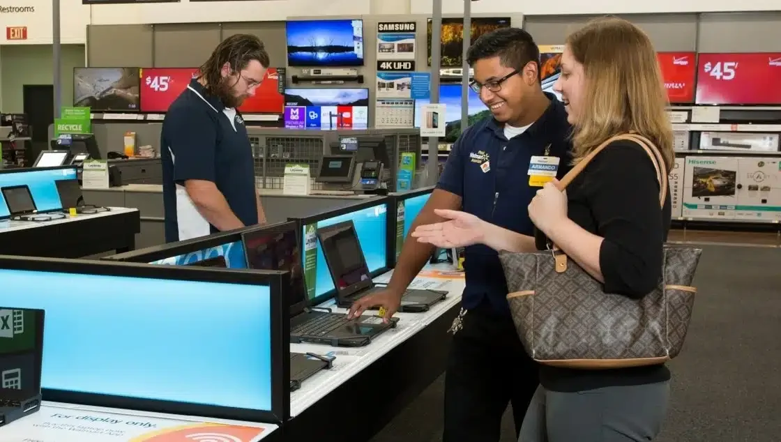 A customer receiving assistance from a sales representative while another employee works on a computer in an electronics store. Various electronic products are displayed in the background.