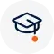 Icon of a graduation cap with a tassel on the right side, depicted in blue and white, with an orange dot at the end of the tassel.