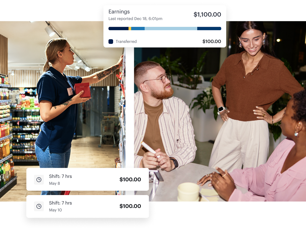 A woman stocks shelves in a store, while three people sit and talk at a table; earnings and shift details are overlaid on the image.