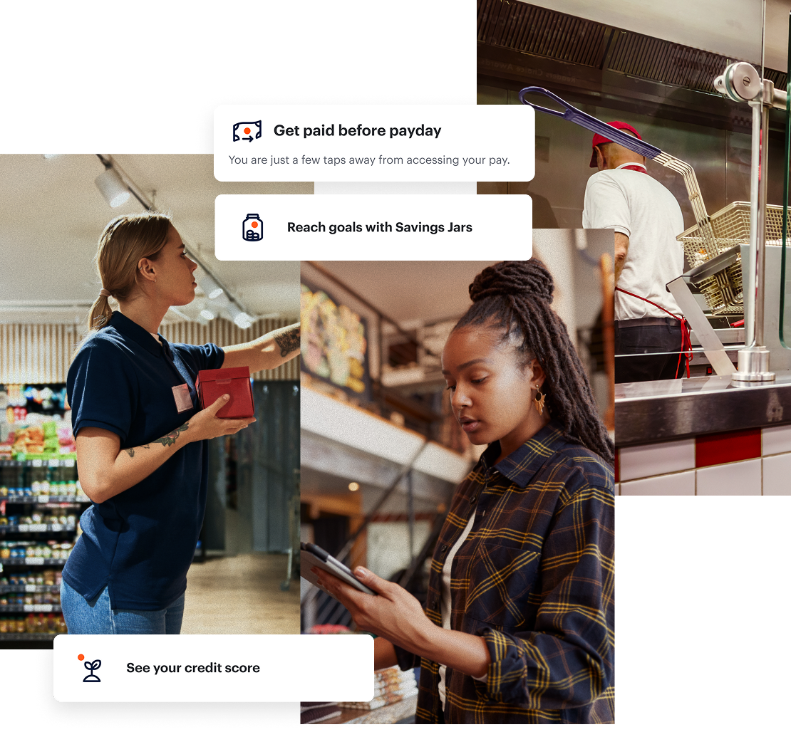 Three people working in different service jobs with text boxes highlighting features like early pay, savings goals, and checking credit score.